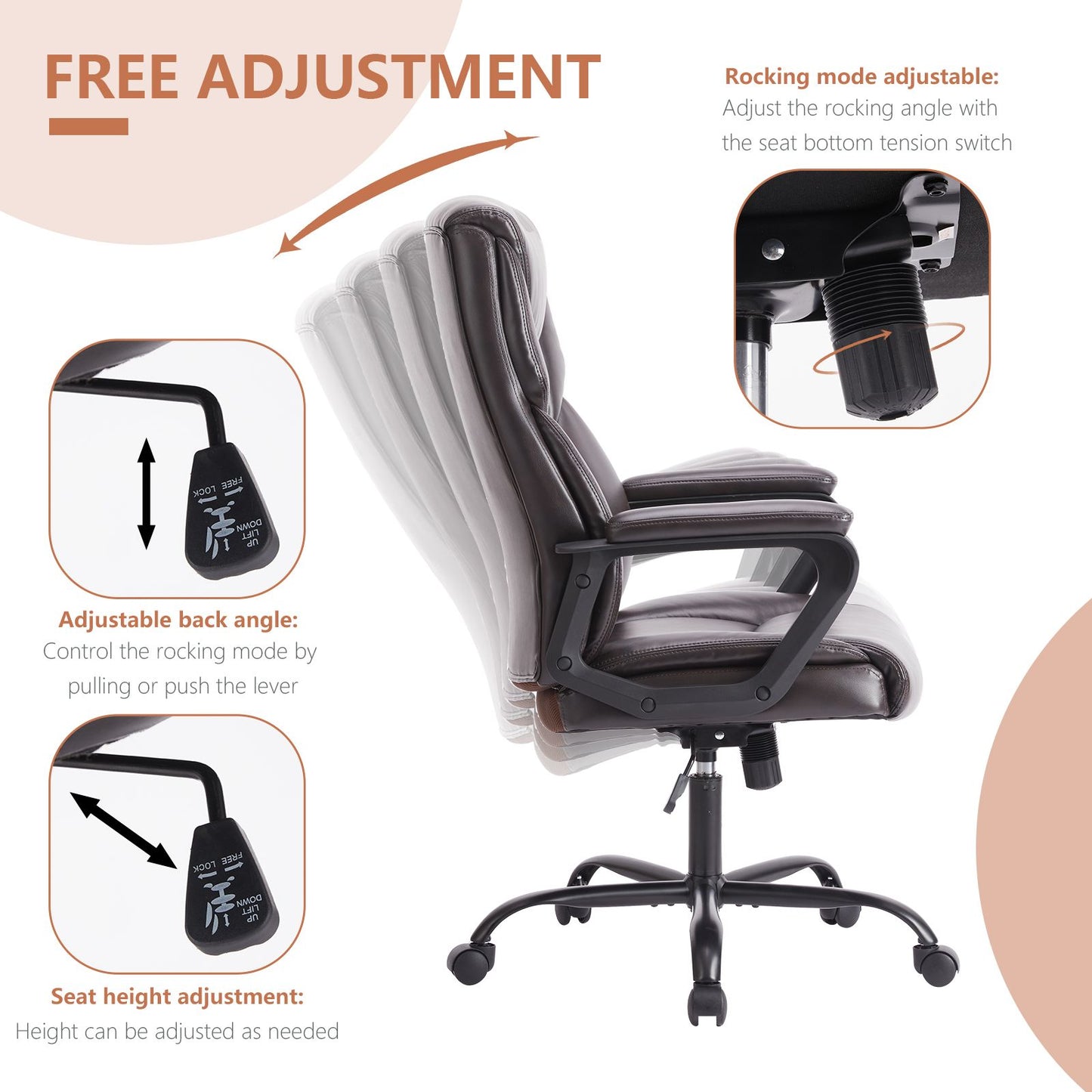 Sweetcrispy Home Office Chair Ergonomic PU Leather Desk Chair with Armrests