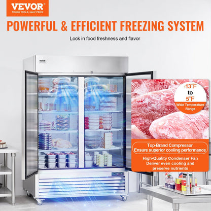 VEVOR Commercial Freezer 44.21 Cu.ft, Reach In 54.4" W Upright Freezer 2 Doors, Auto-Defrost Stainless Steel Reach-in Freezer with 8 Adjustable Shelves, -13 to 5°F Temp Control, LED Lighting, 4 Wheels