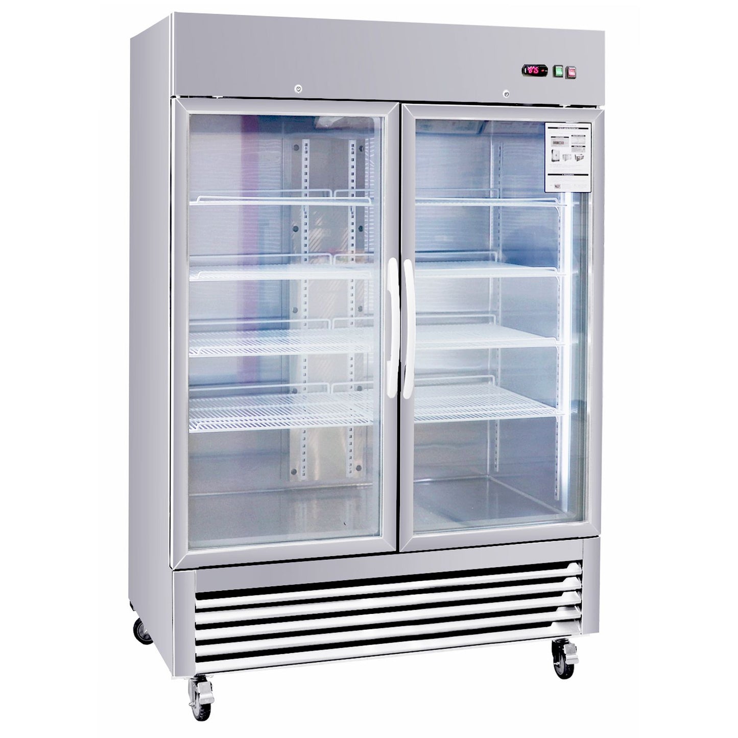 54"W Commercial Refrigerator 2 Section 2 Glass Door Stainless Steel Display Refrigerator 42.2 Cu.ft. Reach-in Merchandising Refrigerator Upright Fan Cooling Merchandiser for Restaurant, Bar, Shop