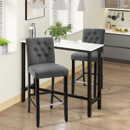 [SET OF 2] HOMCOM 30" Bar Height Dark Grey Linen Upholstered Solid Wood Barstools,