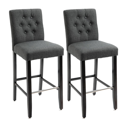 [SET OF 2] HOMCOM 30" Bar Height Dark Grey Linen Upholstered Solid Wood Barstools,