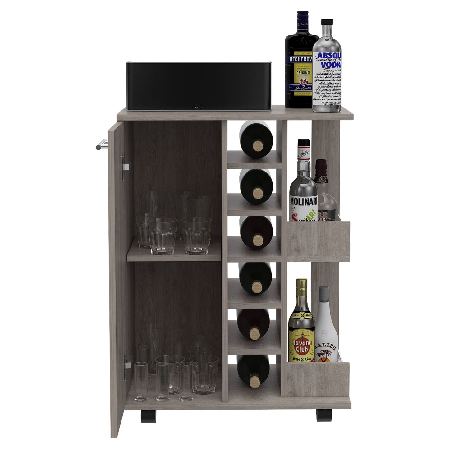 Tennessee Bar Cart, One Cabinet With Division, Six Cubbies For Liquor, Two Shelves