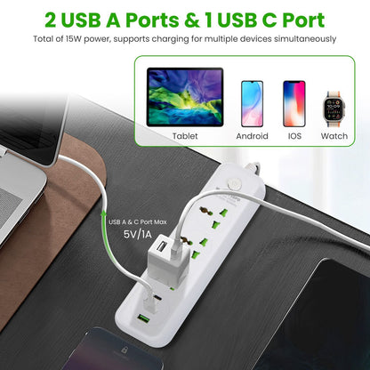 Power Strip with 5.9FT Extension Cord 3 AC Outlets and 2 USB A Ports 1 USB C Port 2500W Wall Mount Outlet Extender For Home Office Dorm Travel