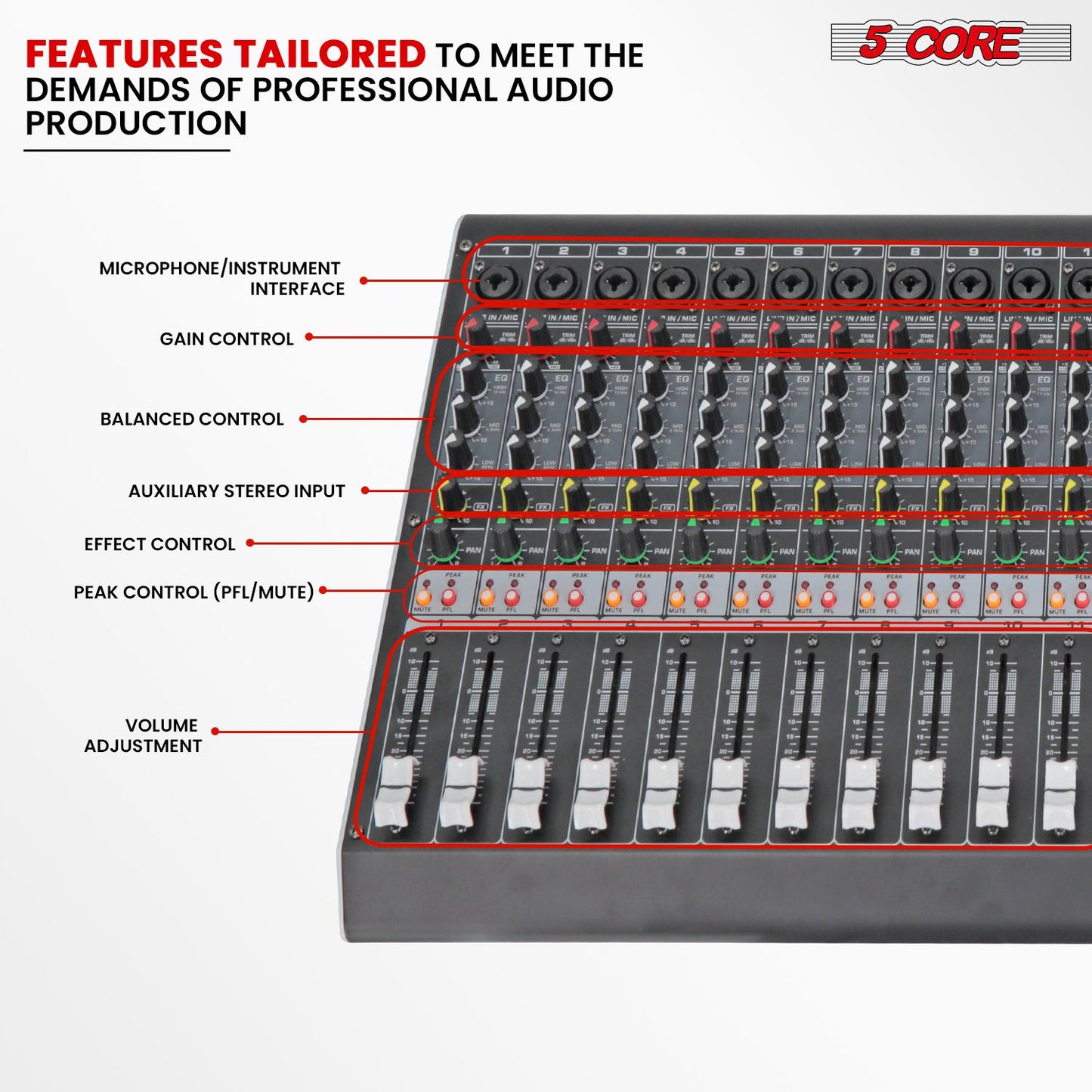 5Core Audio Mixer 16 Channel DJ Mixing Board Bluetooth USB Analog Professional Mezclador De Audio - MX 16CH L