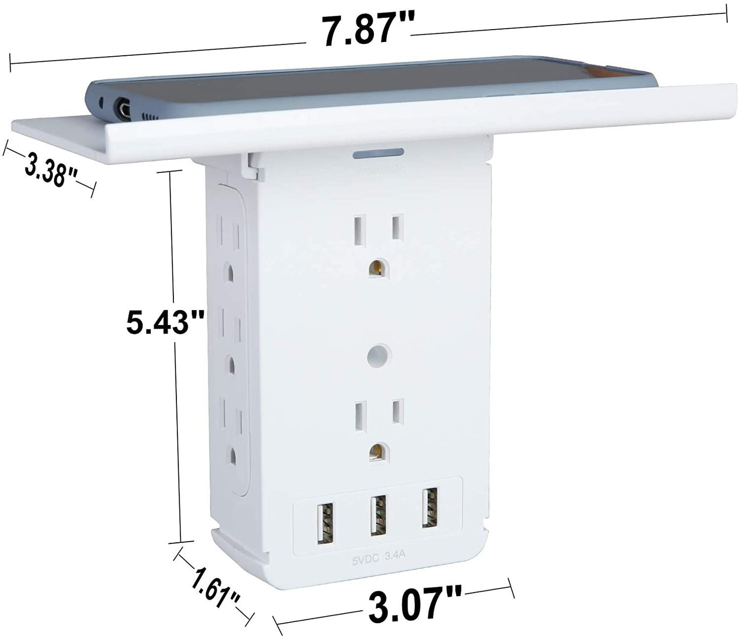 Bosonshop Wall Outlet Extender-2 Pack Surge Protector Multifunctional Outlet Wall Plug with 3 USB Ports(3.4A Total), 8 AC Outlets, Removable Outlet Shelf