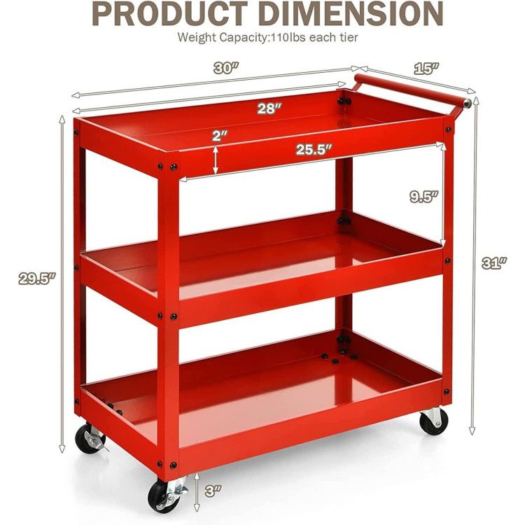 3-Tier Utility Cart with Steel Frame and Four Wheels