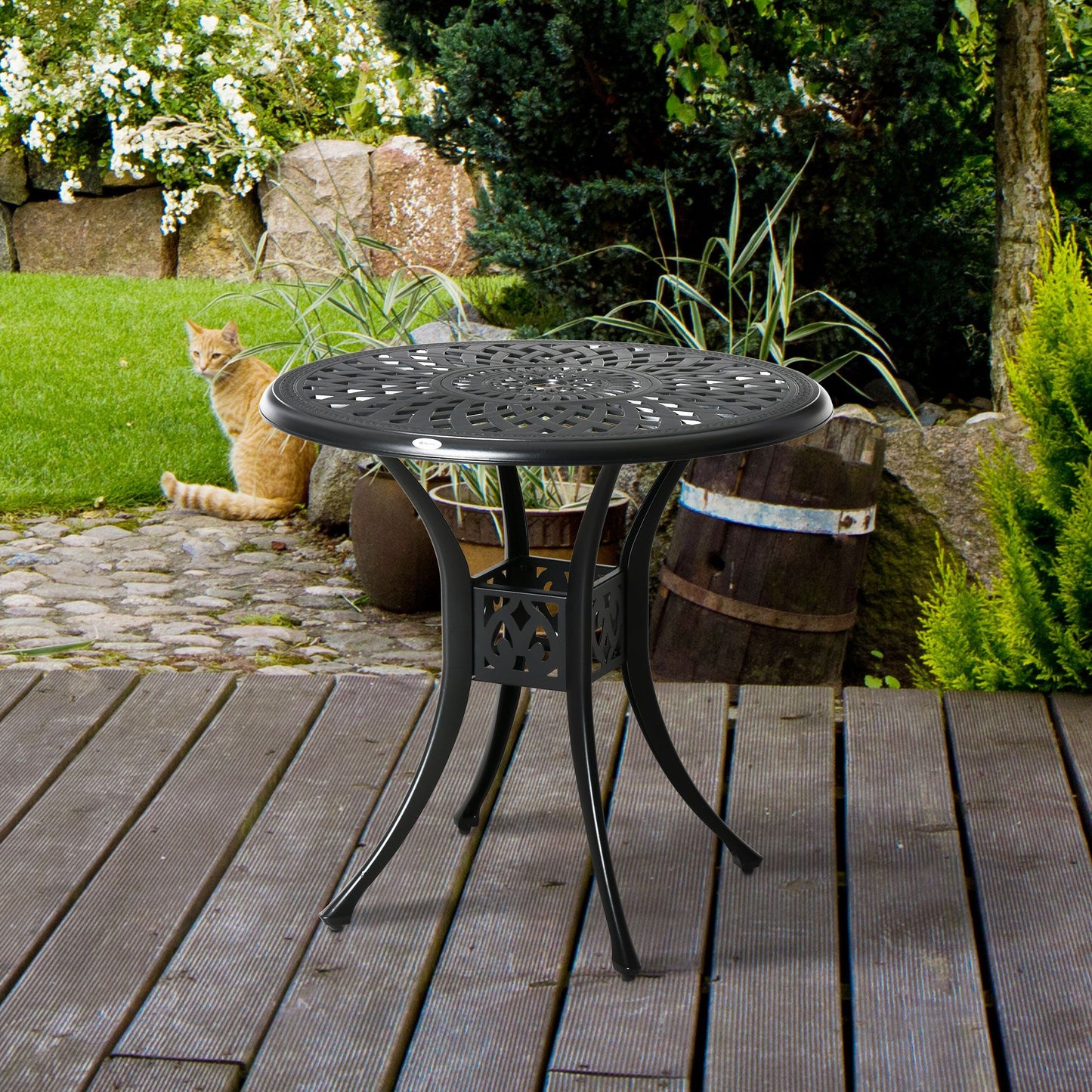 Outsunny 30" Round Patio Dining Table with Umbrella Hole, Antique Cast Aluminum Outdoor Bistro Table Only, Black