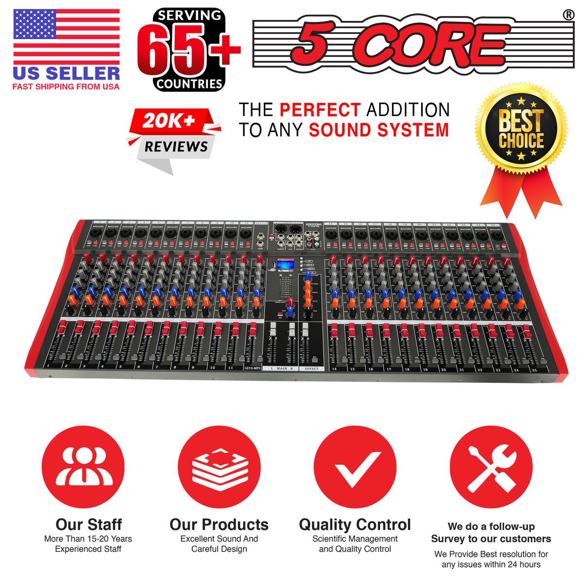 5 Core Audio Mixer 24 Channel DJ Sound Board w Bluetooth USB PC Recording