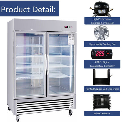 54"W Commercial Refrigerator 2 Section 2 Glass Door Stainless Steel Display Refrigerator 42.2 Cu.ft. Reach-in Merchandising Refrigerator Upright Fan Cooling Merchandiser for Restaurant, Bar, Shop