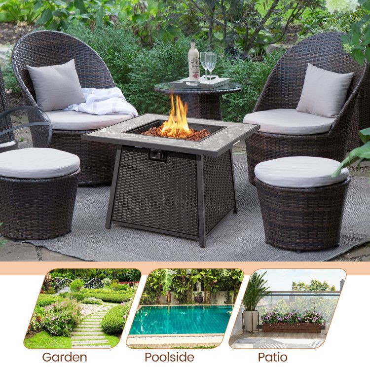 35 Inch Propane Gas Fire Pit Table Wicker Rattan with Lava Rocks PVC Cover