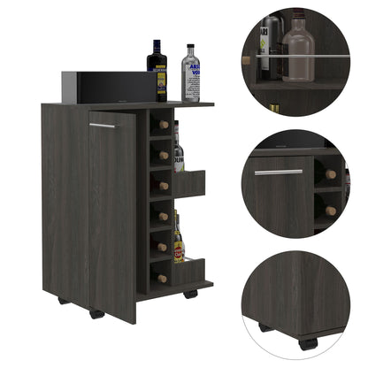 Tennessee Bar Cart, One Cabinet With Division, Six Cubbies For Liquor, Two Shelves