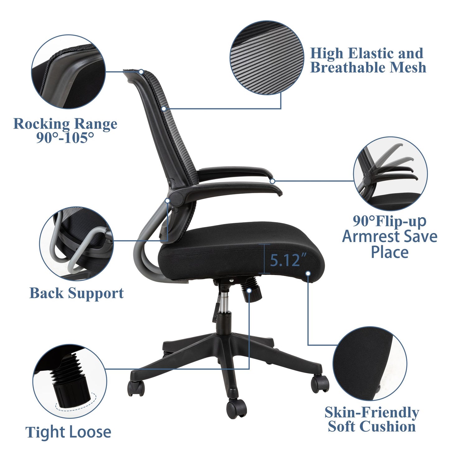 Ergonomic Mid-back Office Chair with Flip-up Armrest,360° Silent Wheels