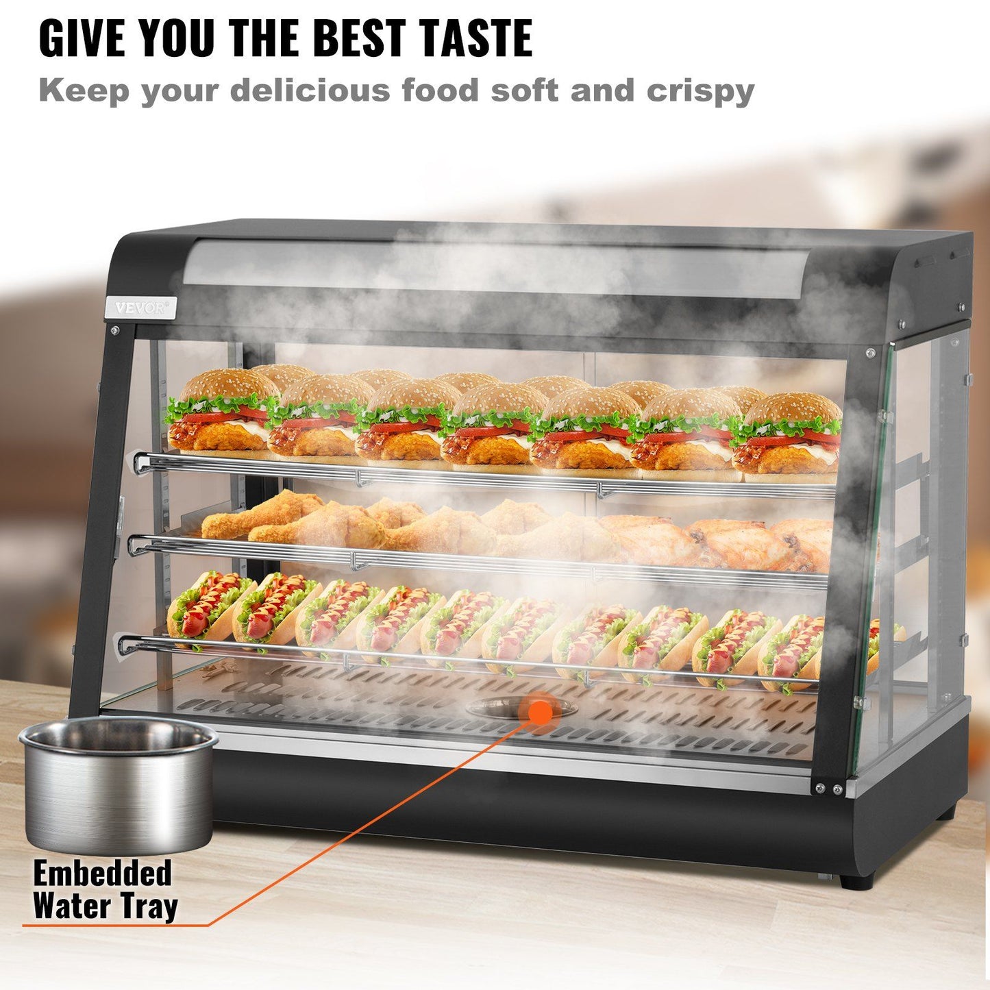 VEVOR Commercial Food Warmer Display w/ Stainless Frame Glass Doors