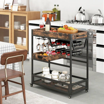 3-Tier Industrial Buffet Serving Cart with Wine Rack