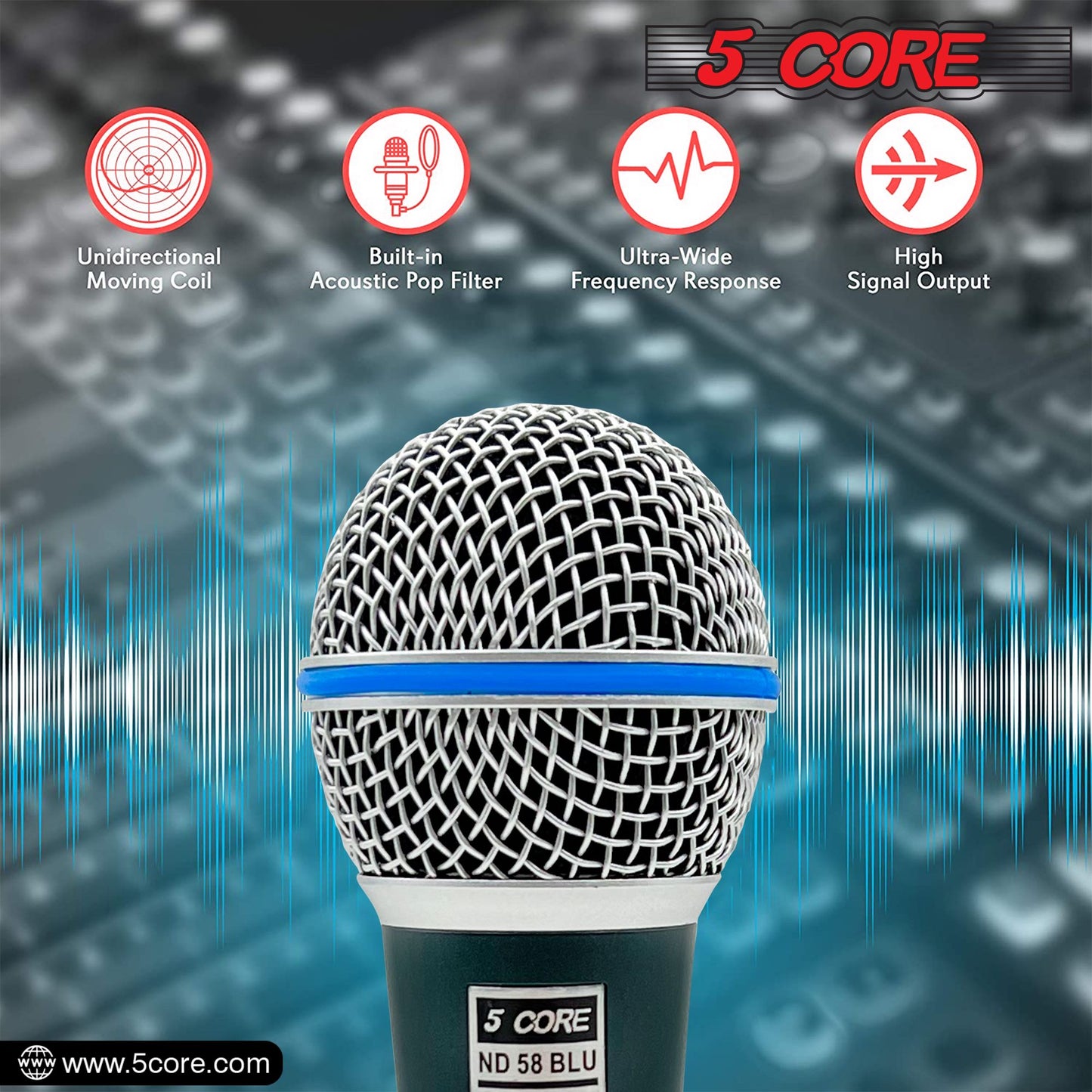 5 CORE Professional Dynamic Vocal Microphone Neodymium Cardioid Unidirectional Handheld Mic for Singing Karaoke Steel Mesh Grille Metal Body With ON Off Switch + 16ft Detachable Cable + Clip + Bag