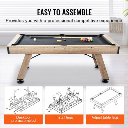 VEVOR Billiards Table, 7 ft Pool Table, Adjust Legs Stable Billiards Table, Pool Table Set Includes Balls, Cues, Chalks and Brush, Wood Color with Black Cloth, Perfect for Family Game Room Kids Adults