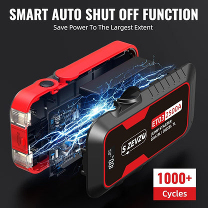 S ZEVZO ET03 Car Jump Starter 2500A Jump Starter Battery Pack for Up to 8.0L Gas and 7.0L Diesel Engines, 74Wh Portable 12V Jump Box with USB Ports, LCD Display, Storage Case, and LED Light