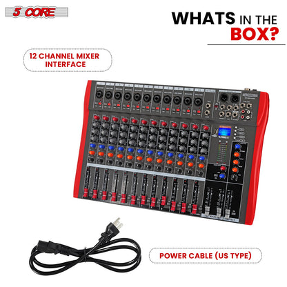 5 Core Audio Mixer 12 Channel DJ Sound Board w Bluetooth USB PC Recording Professional PA Analog Mixing Interface For Karaoke Singing Music Podcast Consola De Audio - MX 12CH