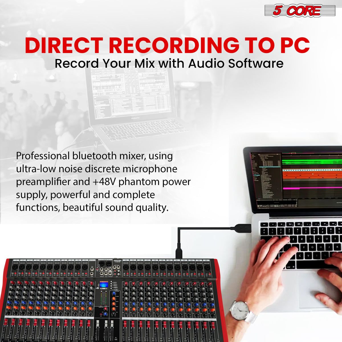 5 Core Audio Mixer 24 Channel DJ Sound Board w Bluetooth USB PC Recording