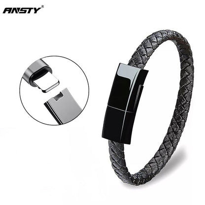 ANSTY Portable Braided Leather Charger Cord Smart USB Charging Cable Bracelet Cord For Android IPhone Phone