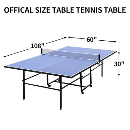 9ft Mid-Size Table Tennis Table Foldable & Portable Ping Pong Table Set for Indoor Games with Net, 2 Table Tennis Paddles and 3 Balls