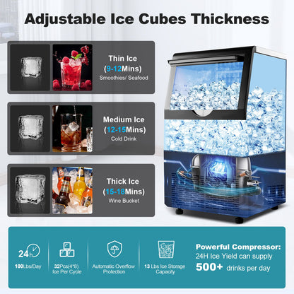 Commercial Ice Maker 100-150lbs/24H Ice Maker Machine, Auto Self-Cleaning, LED Digital Display, Blue Light, Under Counter/Freestanding Ice Machine for Home/Office/Restaurant/Bar