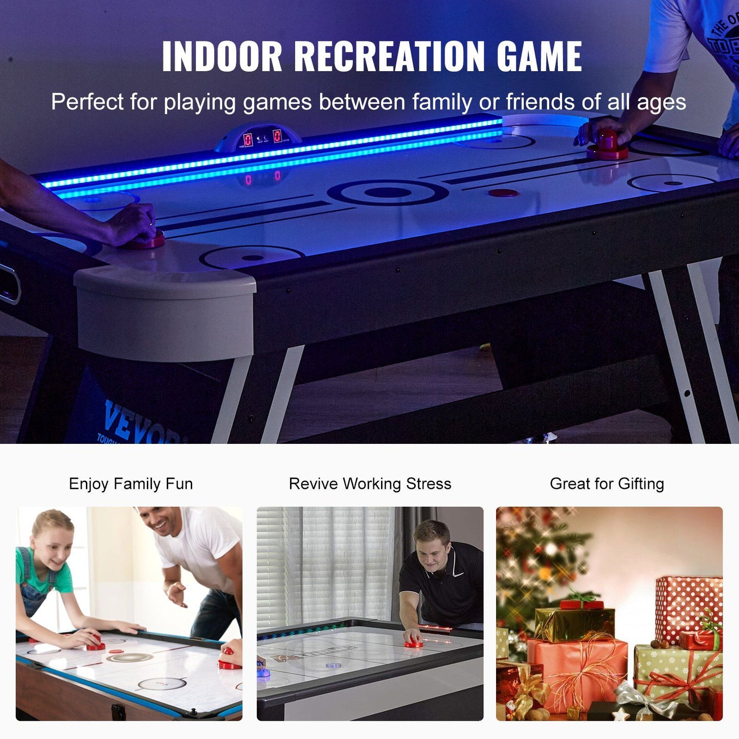 VEVOR Air-Powered Hockey Table, 72" Indoor Hockey Table for Kids and Adults, LED Sports Hockey Game with 2 Pucks, 2 Pushers, and Electronic Score System, Arcade Gaming Set for Game Room Family Home