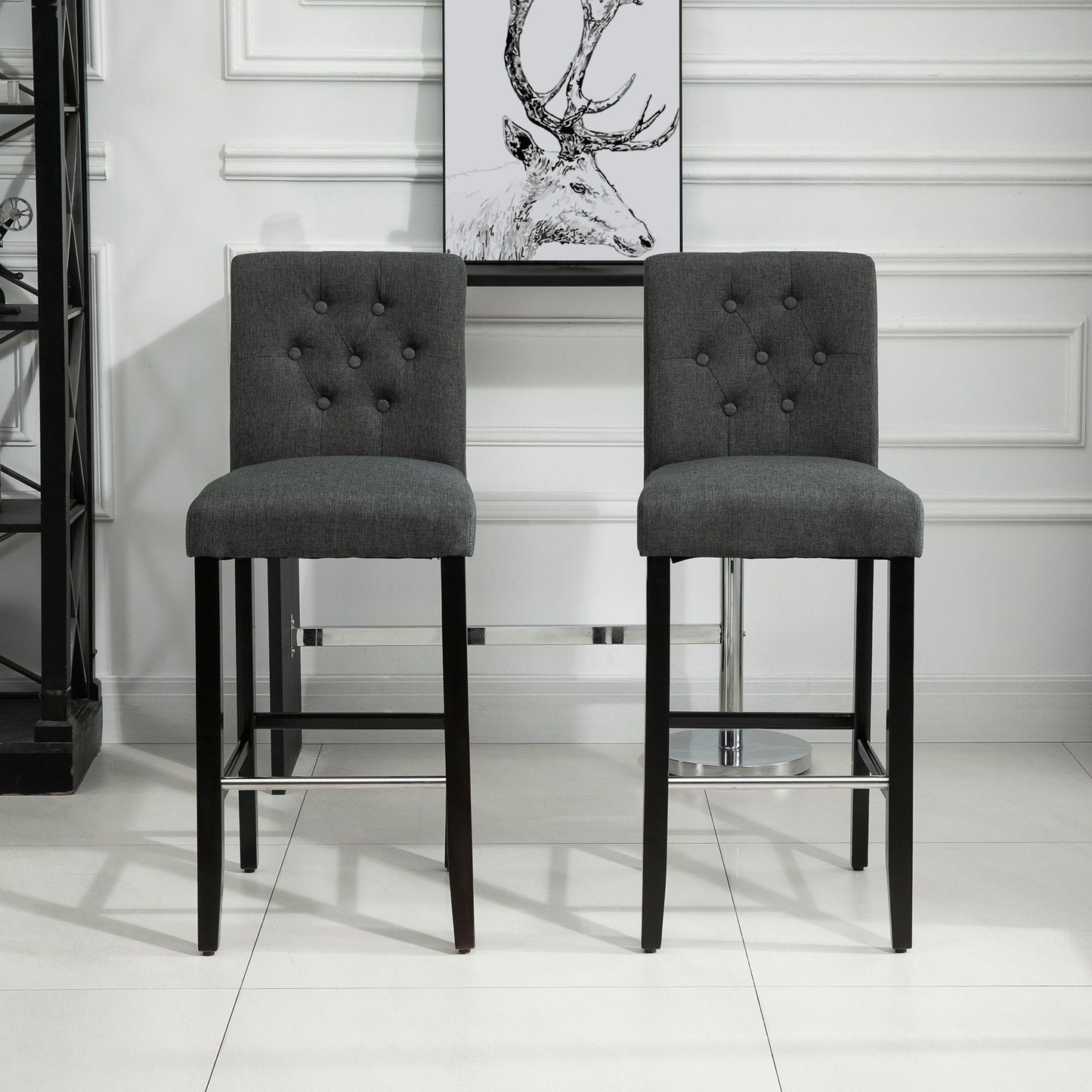 [SET OF 2] HOMCOM 30" Bar Height Dark Grey Linen Upholstered Solid Wood Barstools,