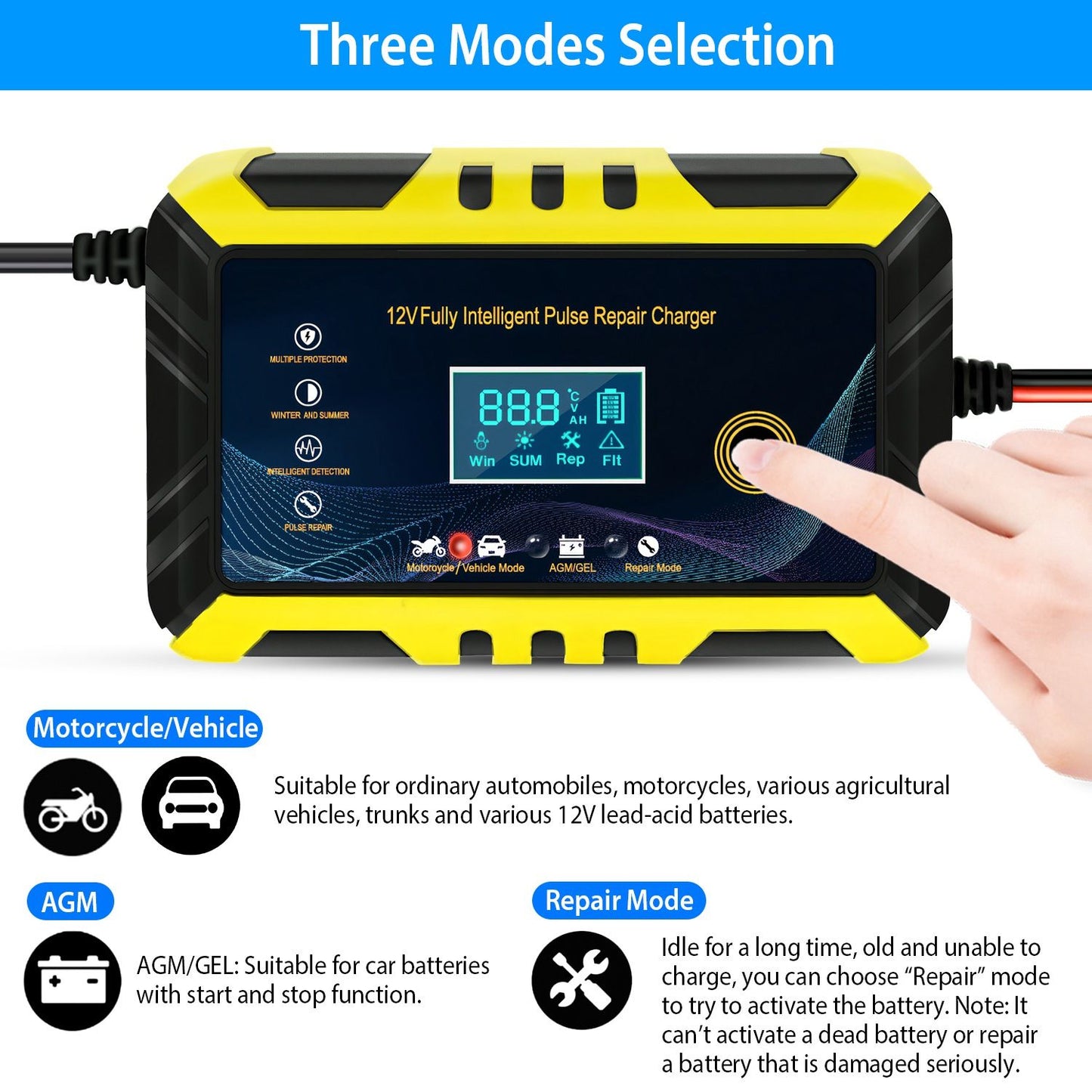 Car Battery Charger 12V/6A Smart Automatic Battery Charger Pulse Repair Battery Charger with LCD Display for Car Truck Motorcycle RV SUV