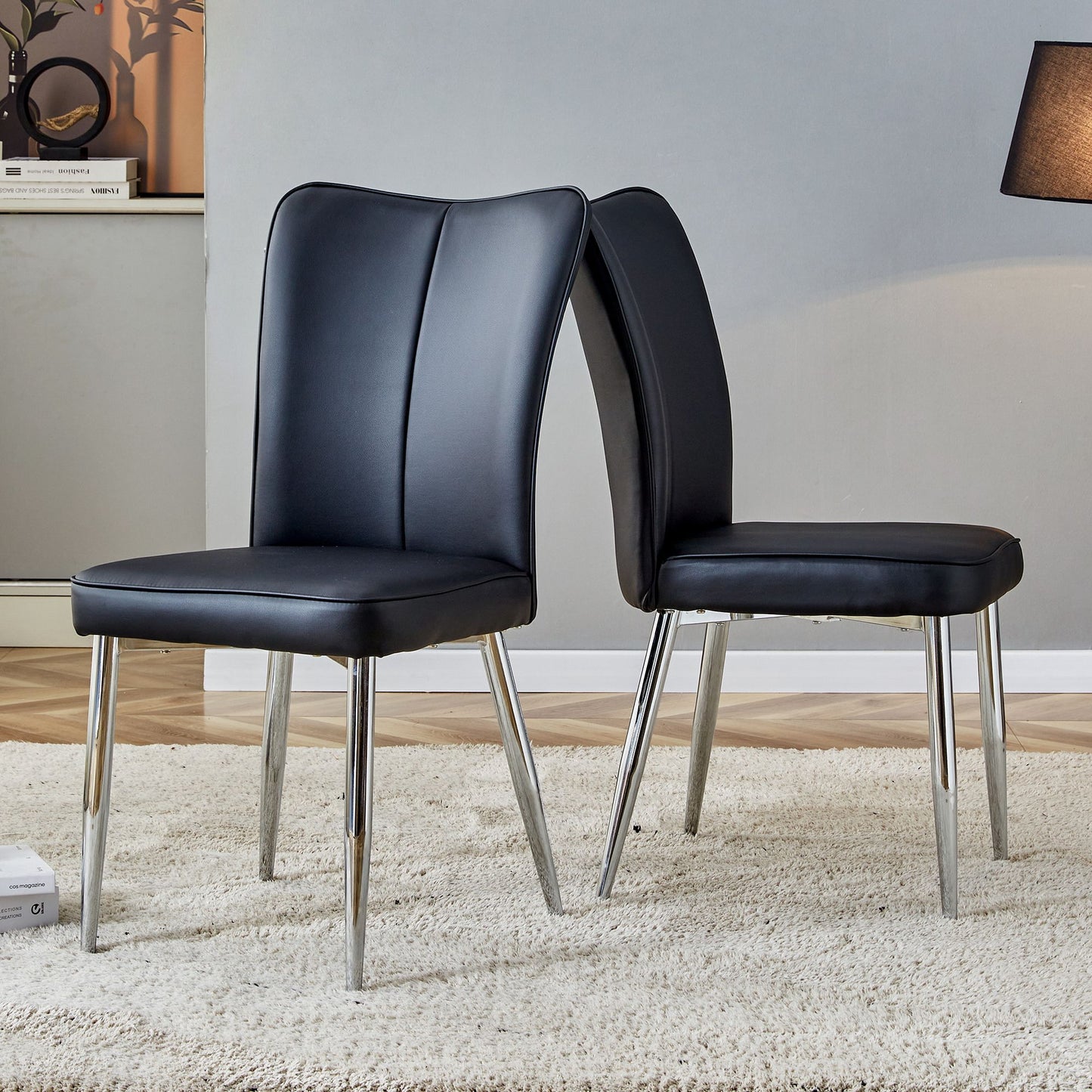 [SET OF 2] Modern Minimalist Black Dining Chairs with Curved Backrest and Cushion.