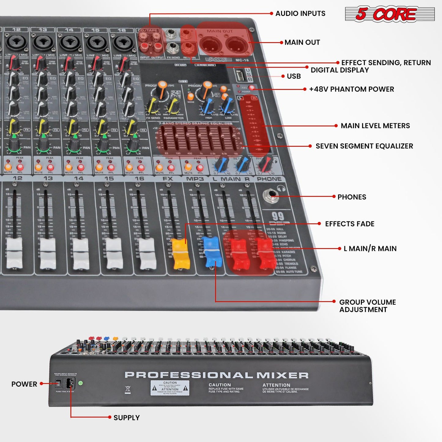 5Core Audio Mixer 16 Channel DJ Mixing Board Bluetooth USB Analog Professional Mezclador De Audio - MX 16CH L