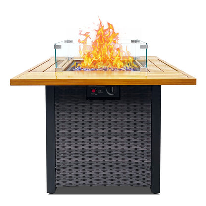 Outdoor Fire Pit 50,000 BTU Propane Gas Fire Table with Lid Fireplace with Glass Wind Guard Wicker Base for Garden, Patio, Backyard