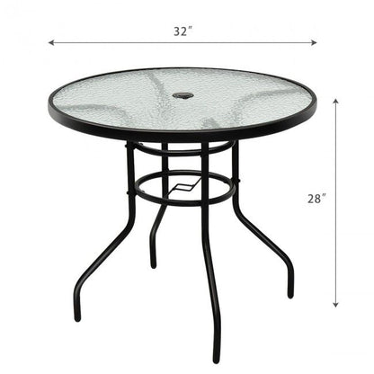 Patio Garden Round 32 Inch Tempered Glass Top Table Square Base Bracket  With Umbrella Hole