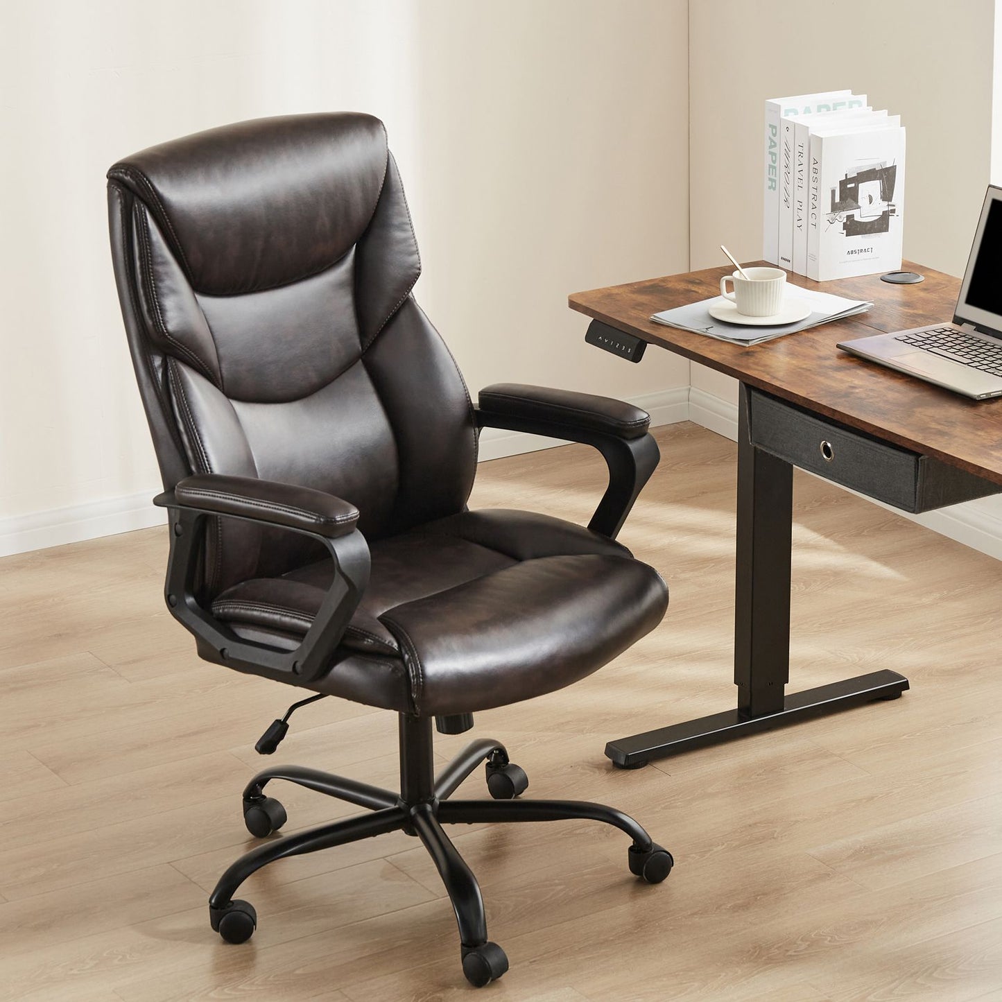 Sweetcrispy Home Office Chair Ergonomic PU Leather Desk Chair with Armrests