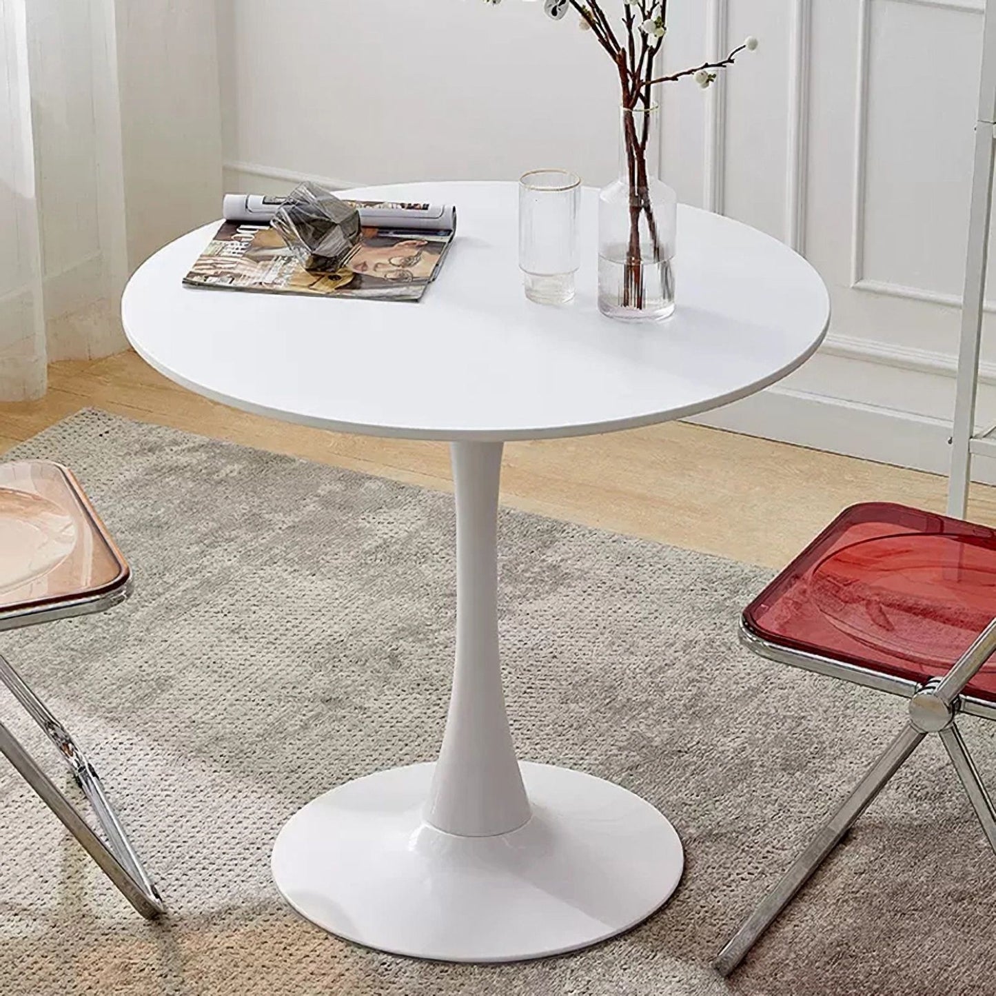 White Round Table, Modern Dining Table, MDF Top and Steel Base Tulip Round Kitchen Table, Mid Century Coffee Table for Living Room 24 Inch