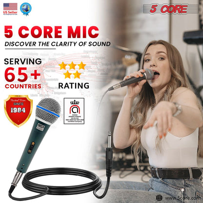 5 CORE Professional Dynamic Vocal Microphone Neodymium Cardioid Unidirectional Handheld Mic for Singing Karaoke Steel Mesh Grille Metal Body With ON Off Switch + 16ft Detachable Cable + Clip + Bag