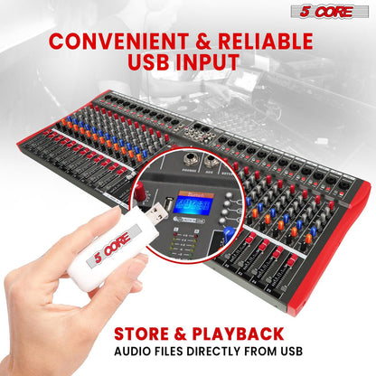 5 Core Audio Mixer 24 Channel DJ Sound Board w Bluetooth USB PC Recording