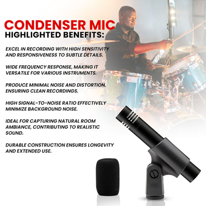 5 CORE Professional Instrument Microphone Pencil Mic Condenser Cardioid Unidirectional Stick Microfono with Windscreen Mic Clip & Case - INSTRU MIC 300 BLK