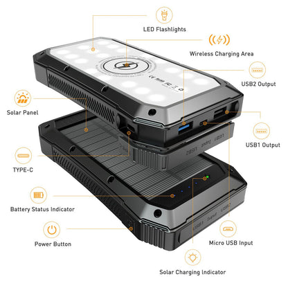 Sun Chaser Solar Powered Wireless Phone Charger 20; 000 mAh With LED Flood Light