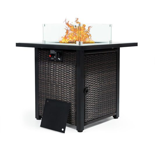 Outdoor Fire Pit 50,000 BTU Propane Gas Fire Table with Lid Fireplace with Glass Wind Guard Wicker Base for Garden, Patio, Backyard