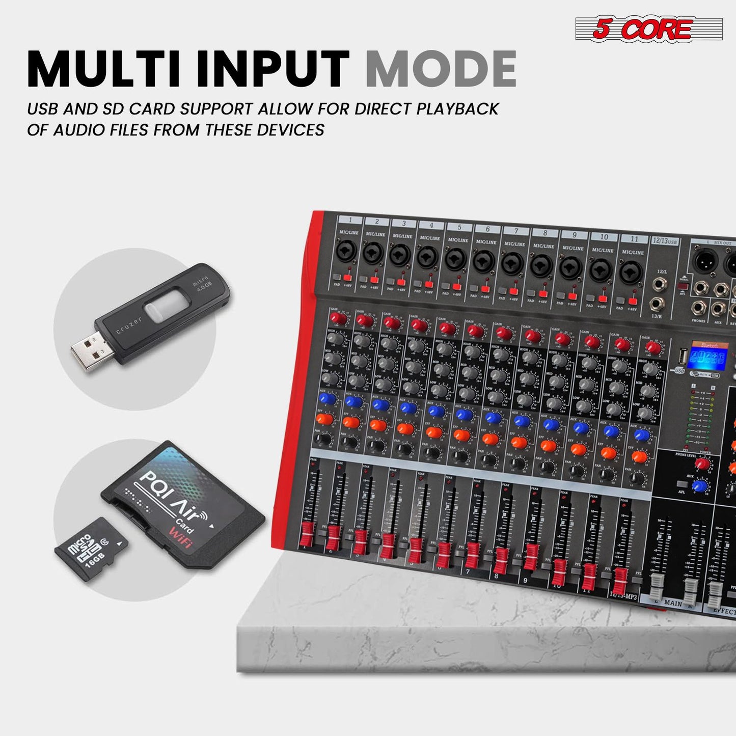 5 Core Audio Mixer 12 Channel DJ Sound Board w Bluetooth USB PC Recording Professional PA Analog Mixing Interface For Karaoke Singing Music Podcast Consola De Audio - MX 12CH