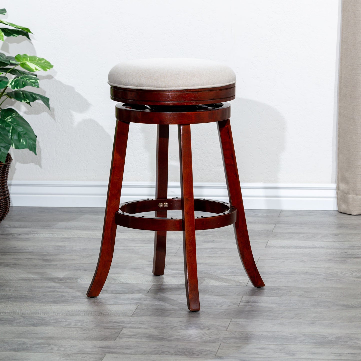 30" Bar Stool, Cherry Finish, Beige Fabric Seat