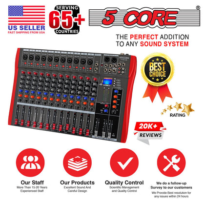 5 Core Audio Mixer 12 Channel DJ Sound Board w Bluetooth USB PC Recording Professional PA Analog Mixing Interface For Karaoke Singing Music Podcast Consola De Audio - MX 12CH