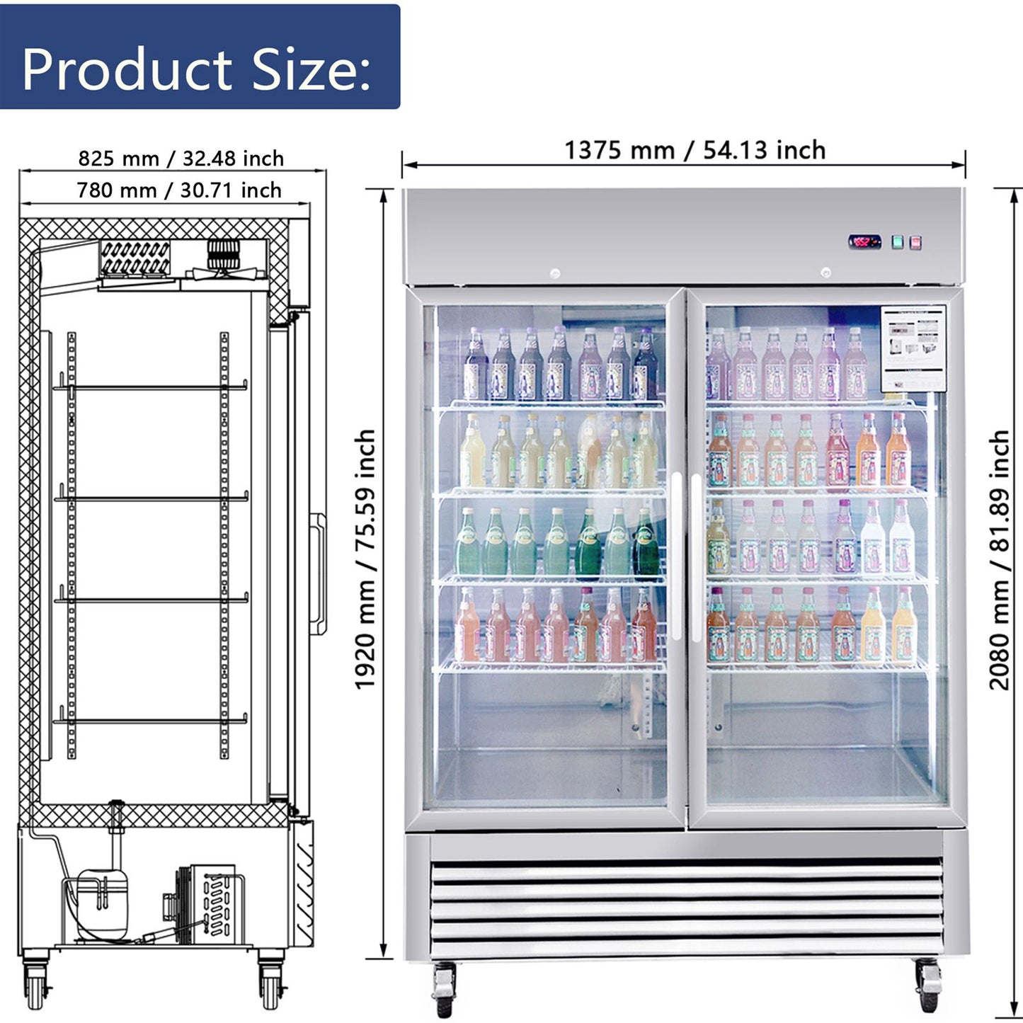 54"W Commercial Refrigerator 2 Section 2 Glass Door Stainless Steel Display Refrigerator 42.2 Cu.ft. Reach-in Merchandising Refrigerator Upright Fan Cooling Merchandiser for Restaurant, Bar, Shop