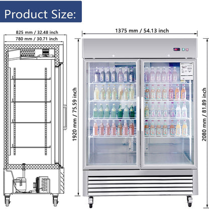 54"W Commercial Refrigerator 2 Section 2 Glass Door Stainless Steel Display Refrigerator 42.2 Cu.ft. Reach-in Merchandising Refrigerator Upright Fan Cooling Merchandiser for Restaurant, Bar, Shop