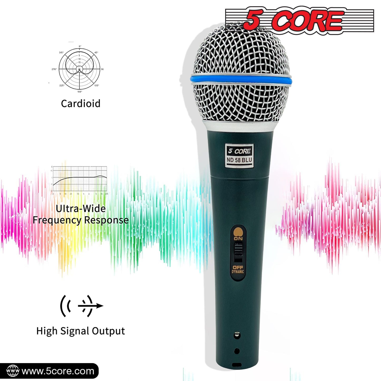 5 CORE Professional Dynamic Vocal Microphone Neodymium Cardioid Unidirectional Handheld Mic for Singing Karaoke Steel Mesh Grille Metal Body With ON Off Switch + 16ft Detachable Cable + Clip + Bag