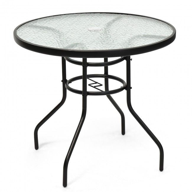 Patio Garden Round 32 Inch Tempered Glass Top Table Square Base Bracket  With Umbrella Hole