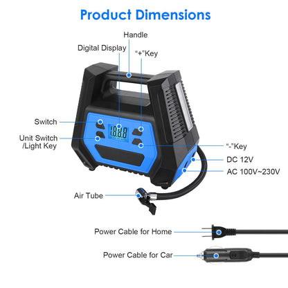 Portable Tire Inflator 150 PSI 120W Max Power Tire Pump with Digital Display LED Light Inflatable Nozzle Needle Fuse Air Compressor for Bikes Motorbikes Cars Balls