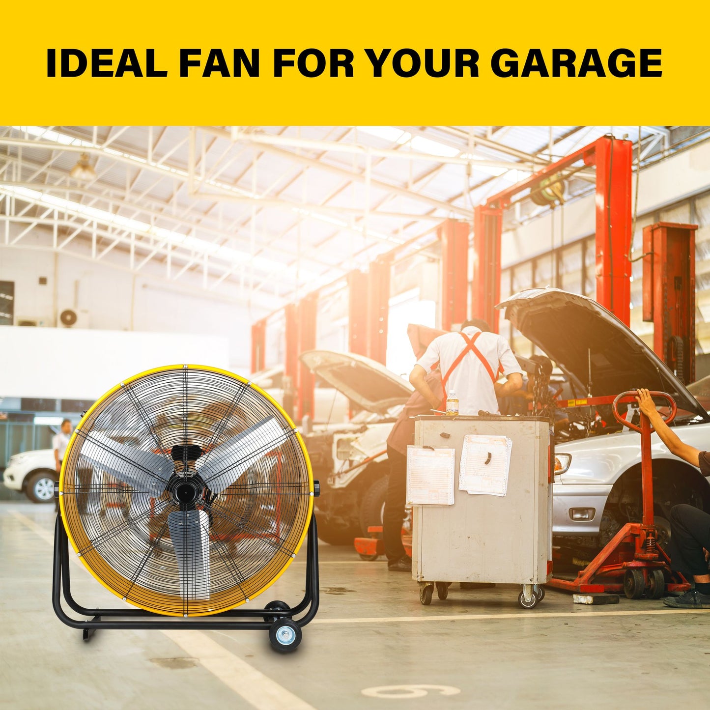 Simple Deluxe 36 Inch Heavy Duty Metal Industrial Drum Fan, 3 Speed Floor Fan for Warehouse, Workshop, Factory and Basement - High Velocity, Yellow