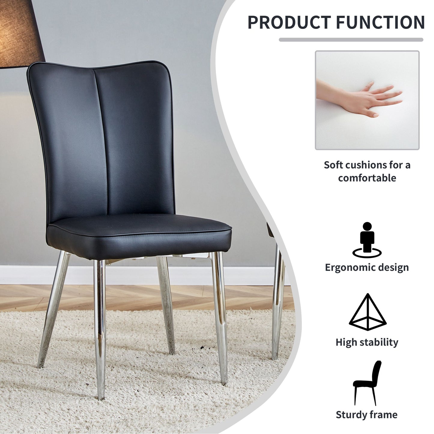 [SET OF 2] Modern Minimalist Black Dining Chairs with Curved Backrest and Cushion.